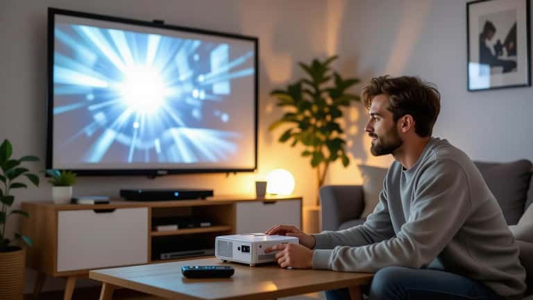 Man adjusting a 4K projector in a dimly lit UK living room with a large cinema screen glowing in the background