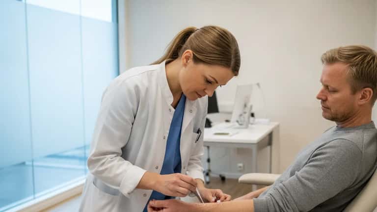 Sjukvårdspersonal utför pricktest på patientens underarm vid en svensk vårdcentral i Göteborg