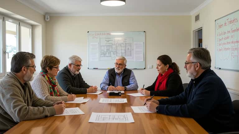 Condóminos em reunião de assembleia numa sala de condomínio em Braga a analisar planos de obra
