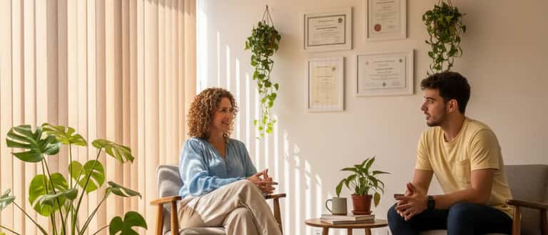 Psicóloga clínica brasileira em consulta com paciente jovem em consultório moderno em São Paulo, luz natural e ambiente acolhedor