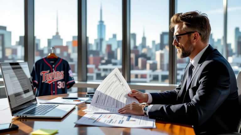 Conseiller financier analysant un contrat MLB avec documents fiscaux canadiens dans un bureau à Toronto