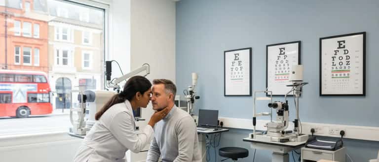 UK ophthalmologist examining patient's eye with slit lamp in a modern clinical eye examination room