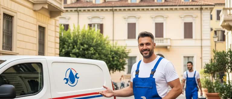 Idraulico professionista italiano che ripara un tubo sotto il lavello di una cucina