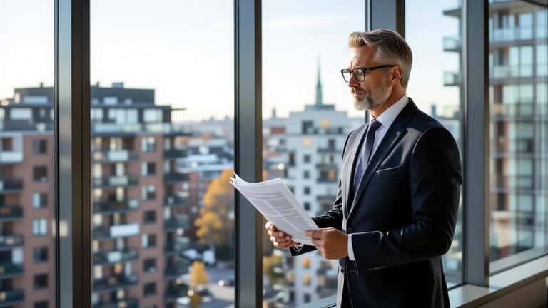 Svensk fastighetsdirektör granskar finansiella rapporter med stadssilhuett i bakgrunden
