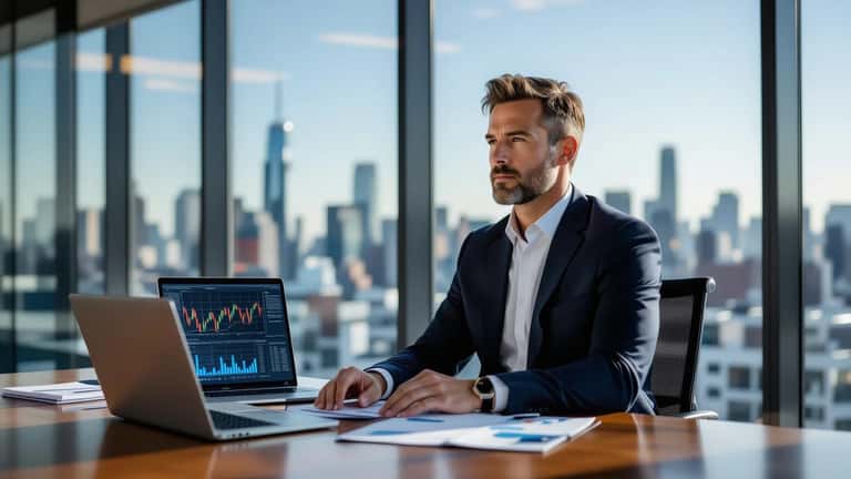 Ehemaliger Profisportler im Blazer prüft Finanzcharts und Beteiligungsunterlagen in einem modernen Investmentbüro