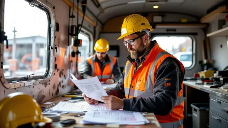 Elektriker gennemgår sin ugentlige arbejdsplan i en byggepladscontainer i Aarhus med kollega i baggrunden