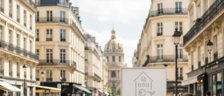 Propriétaire français gérant ses biens locatifs sur un ordinateur portable dans un salon parisien lumineux