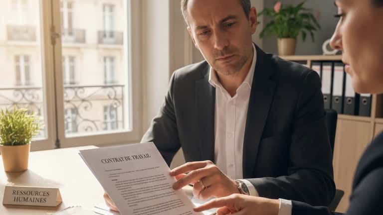 Mains d'un professionnel examinant un contrat de travail dans un bureau RH à Nantes, rupture de période d'essai
