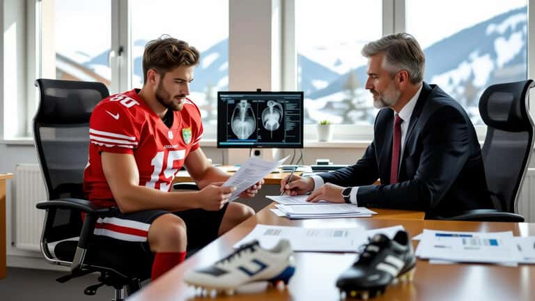 Joueur de football amateur consultant un avocat sur son contrat et son assurance-accidents LAA en Suisse