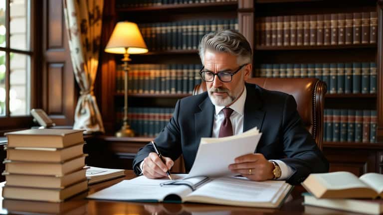 Juriste suisse consultant des contrats de succession et des manuscrits littéraires dans un bureau notarial à Genève