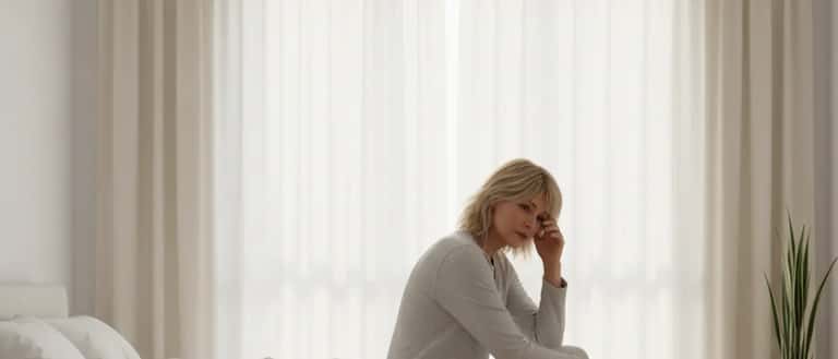 British woman sitting drowsy on bed at dawn after UK clocks spring forward, looking disoriented by lost hour of sleep