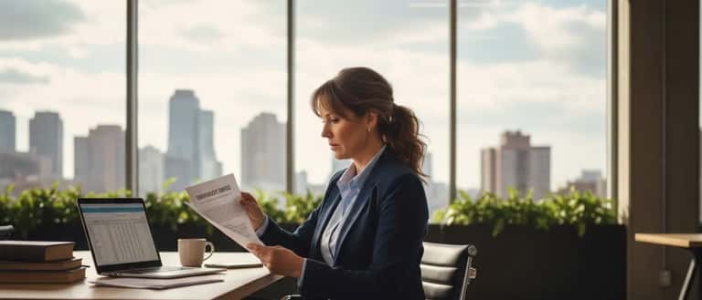 American professional woman reviewing employment rights documents at her desk in a US office