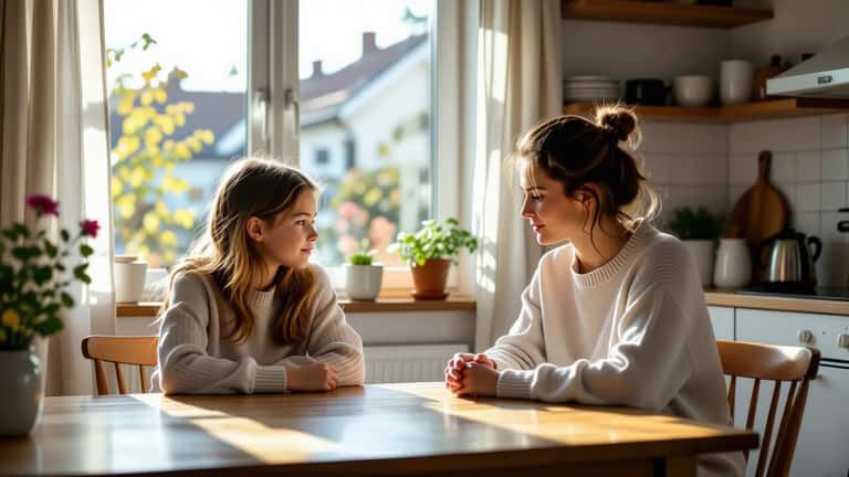 Mor og teenager datter i samtale om mental sundhed i dansk hjem