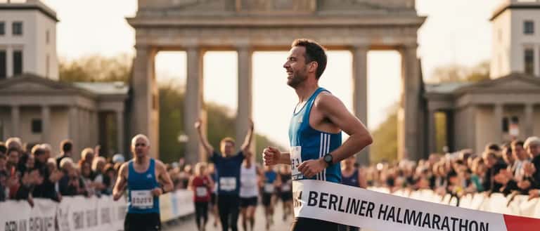 Läufer überquert Ziel beim Generali Berliner Halbmarathon 2026 mit dem Brandenburger Tor im Hintergrund