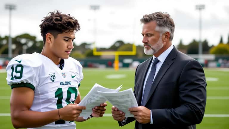 College quarterback reviewing NIL contract documents with sports attorney on practice field sideline