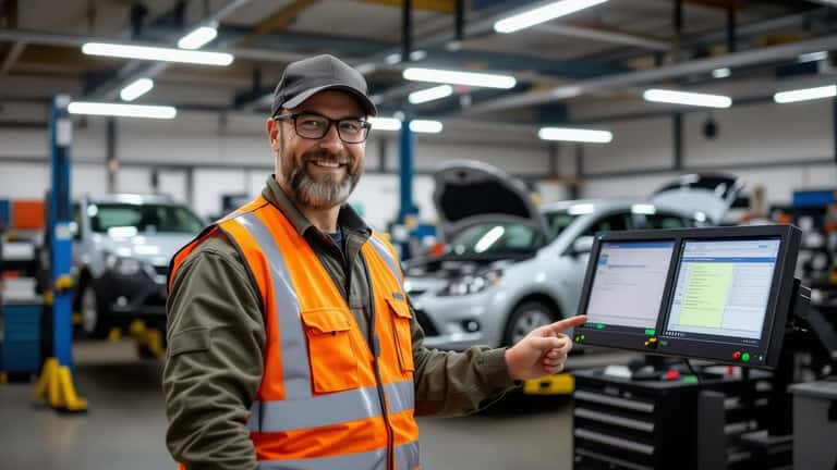 Suomalainen automekaanikko osoittaa ylityötunteja sähköisessä tuntiseurannassa autokorjaamossa Tampereella