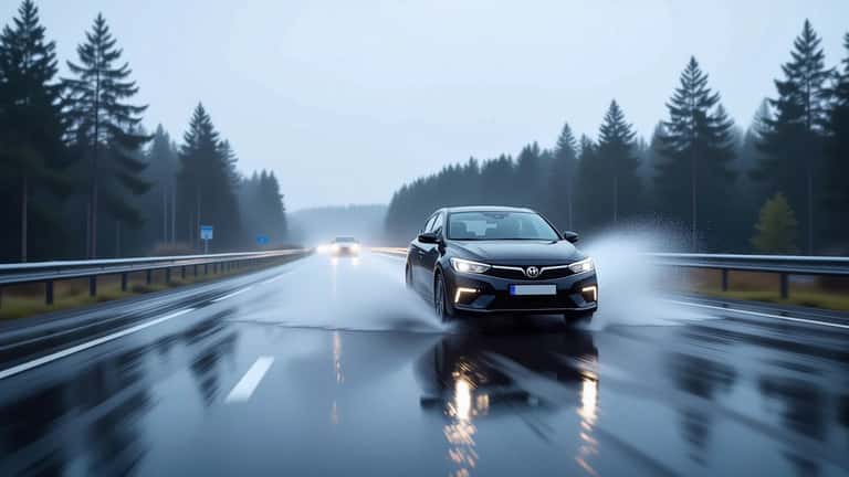 Bil kör genom kraftigt regn på en delvis översvämmad väg i Sverige
