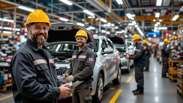 Unifor auto workers on the assembly line at a Canadian plant