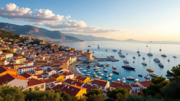 Vista aérea serena da costa da península da Crimeia ao entardecer, com o mar Negro ao fundo