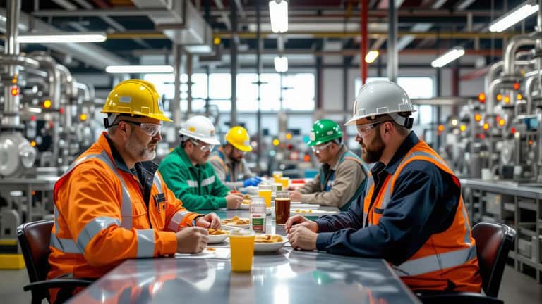 Two Louisiana oil refinery workers in safety vests eating lunch in a plant break room near Baton Rouge