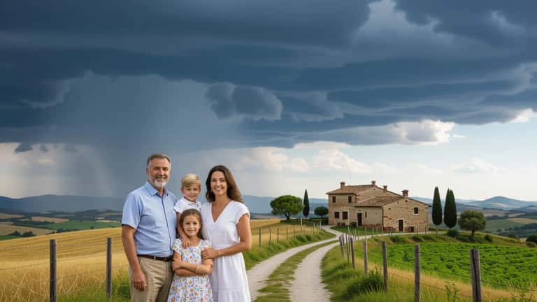 Famiglia italiana davanti alla propria casa sotto un cielo temporalesco, simbolo del rischio climatico per il patrimonio familiare