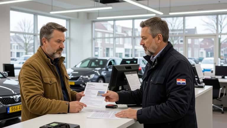 Nederlandse man bij autodealer toont rijbewijs bij kentekenoverdracht 2026