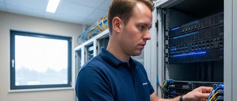 IT-professional sluit netwerkkabels aan in een serverruimte van een Nederlands kantoorpand
