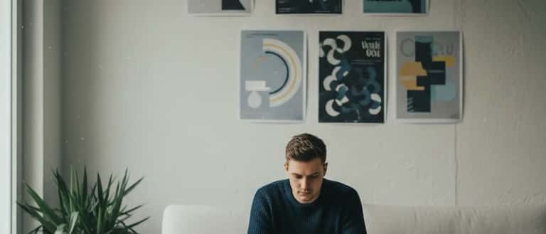 Junger Mann sitzt nachdenklich in einem abgedunkelten Zimmer, psychische Gesundheit Konzept