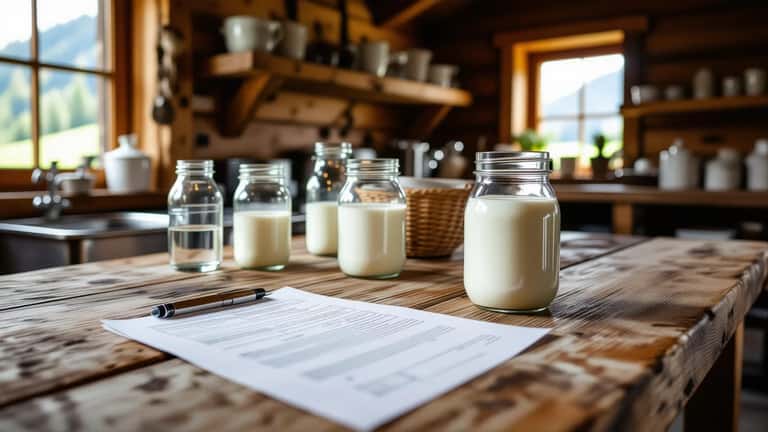 Barattolo di latte crudo su bancone di malga alpina accanto a esame del sangue con risultato E.coli STEC positivo