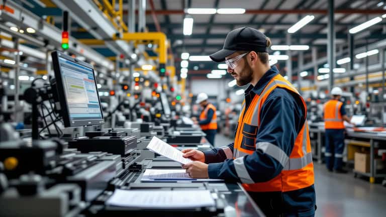 Manufacturing worker checks award pay entitlements at factory workbench, Australia 2026