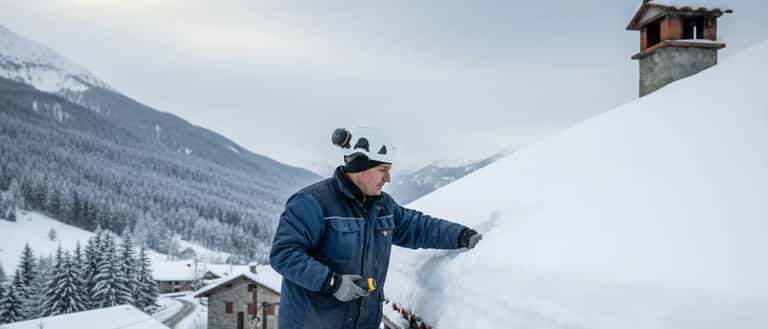 Artigiano italiano che ispeziona un tetto innevato sull'Appennino tosco-romagnolo