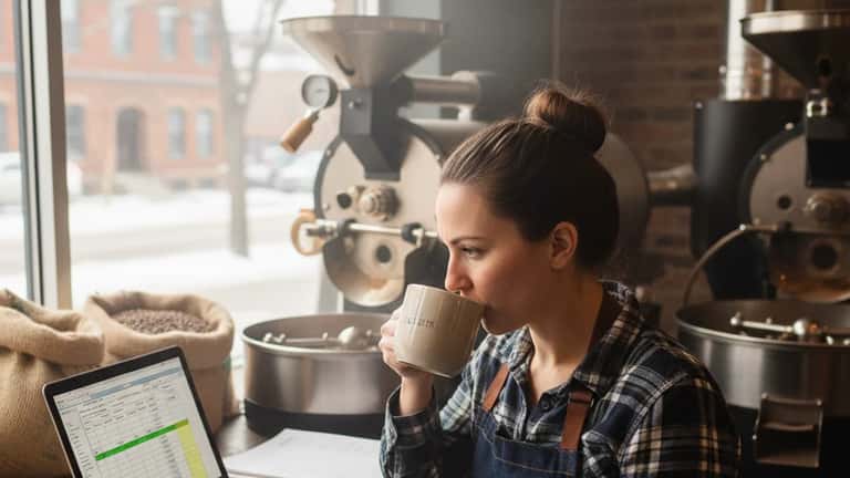 Small business owner in Duluth Minnesota reviewing minimum wage compliance on a payroll spreadsheet amid coffee roasting equipment