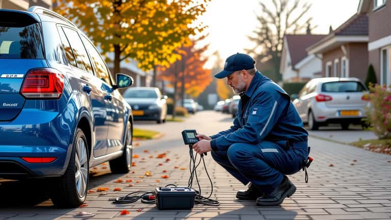 Automonteur controleert accu van stilstaande auto in Utrecht met multimeter op stakingsdag