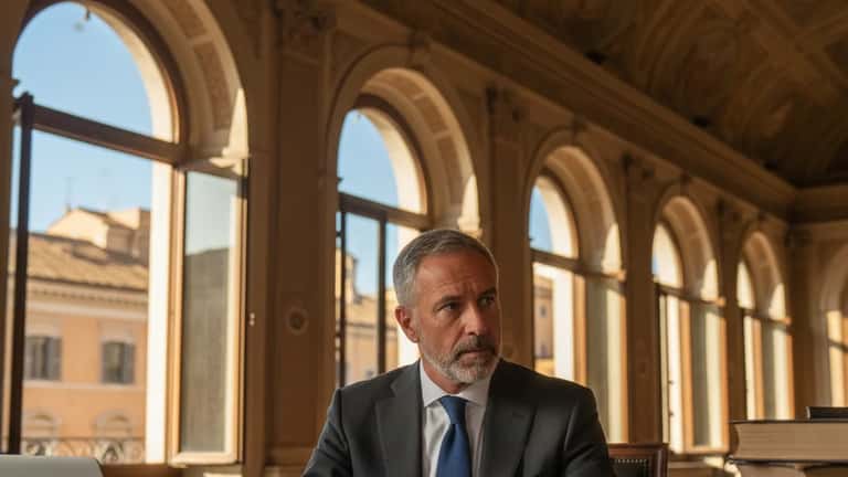 Avvocato italiano consulta documenti normativi in uno studio legale di Roma dopo la nomina del nuovo Ministro del Turismo 2026