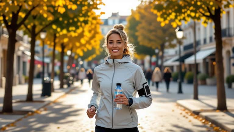 Coureur français en tenue claire au parc de Montpellier au petit matin, bouteille d eau