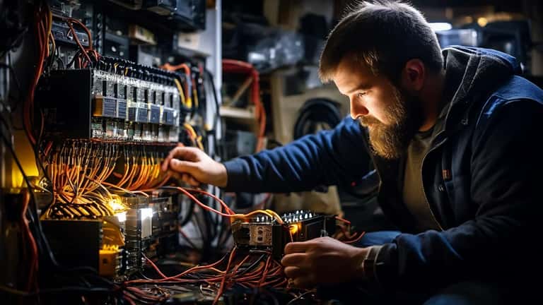 Electronics technician checking surge protector after power outage in suburban home during storm