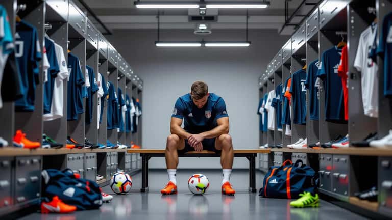 Profifußballer sitzt allein auf einer Umkleidekabinen-Bank, Kopf in den Händen, offene Spinde im Hintergrund