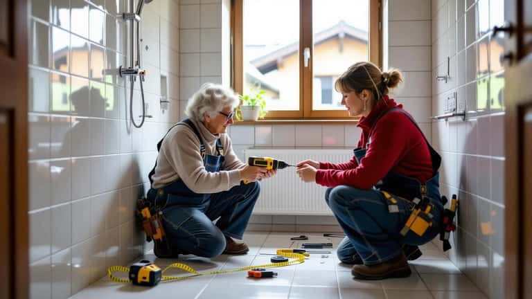 Artisan installant une barre d'appui dans une salle de bain pour seniors, canton de Vaud
