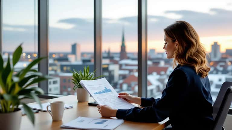 Dansk kvinde gennemgår arbejdstidsplan ved ergonomisk skrivebord i åbent kontorlandskab i Aarhus, dokumenter spredt på bordet