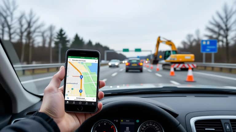 Bilist bruger navigations-app på smartphone i kø på E20-motorvejen ved vejarbejde