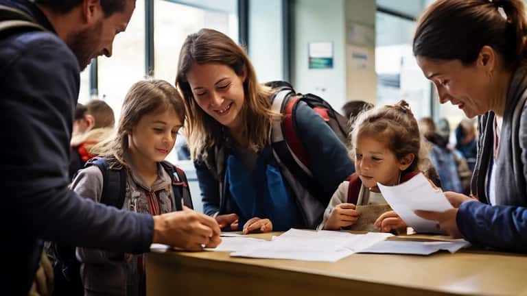 Famille frontalière inscrivant son enfant dans une école genevoise avant la fermeture aux élèves non-résidents, rentrée 2026