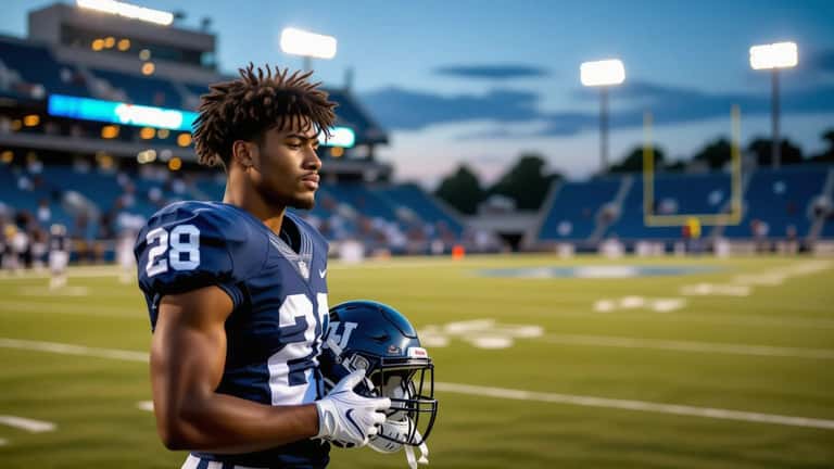 College football player standing alone on an empty stadium sideline at dusk, holding his helmet, in quiet reflection