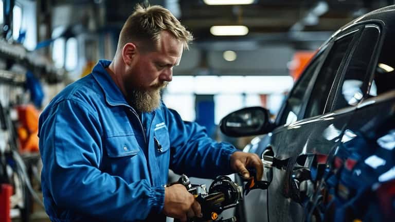 Mekaniker sjekker dekk på en bil i et bilverksted i Stavanger