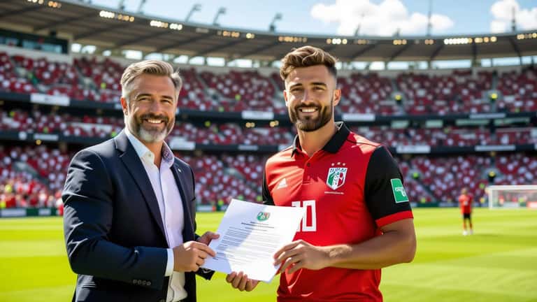 Jogador de futebol assinando contrato em escritório moderno com agente e advogado