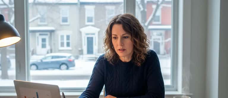 Femme québécoise révisant des documents financiers à sa table de cuisine à Montréal, ambiance concentrée et déterminée