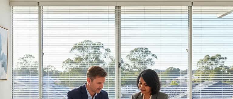 Financial advisor and client reviewing documents together in a modern Sydney office with natural light
