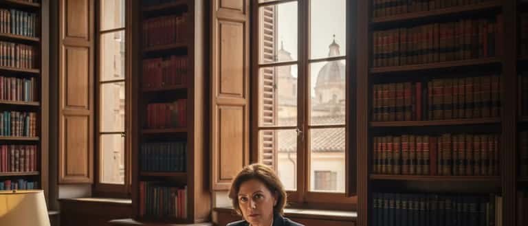 Avvocata italiana in studio legale a Roma, scaffali di libri giuridici, luce pomeridiana