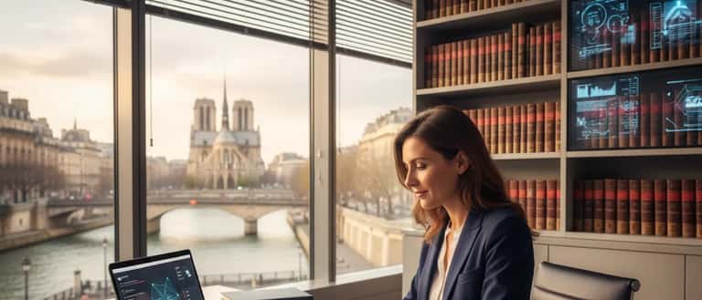 Avocate française spécialisée en droit du numérique analysant des documents juridiques relatifs à l'intelligence artificielle dans un bureau parisien