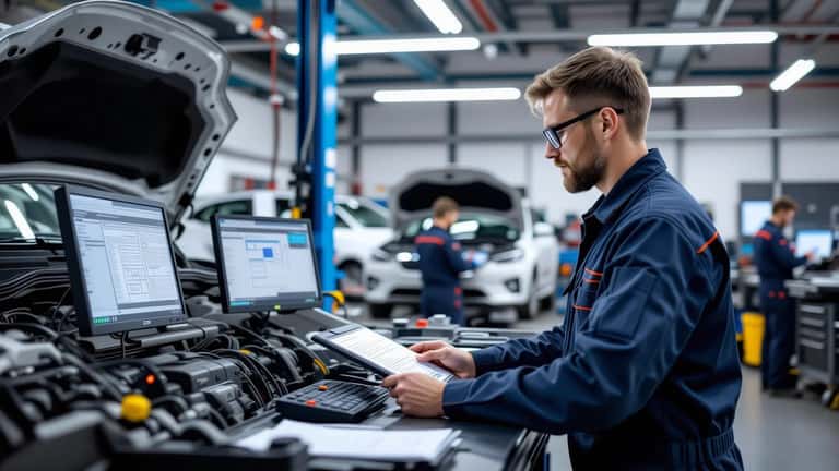Suomalainen automekaanikko tutkii TES-palkkataulukkoa tablet-laitteelta hybridin moottoritilassa Tampereella