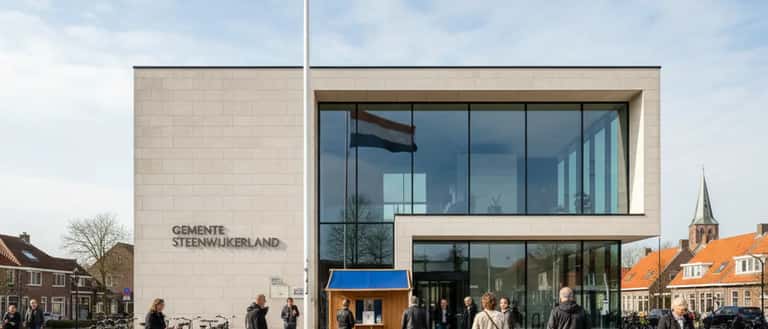 Gemeentehuis Steenwijkerland met Nederlandse vlag tijdens gemeenteraadsverkiezingen maart 2026
